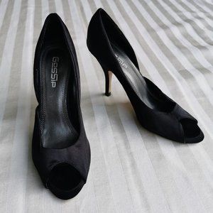 Black Satin Peep Toe Gossip Heels (7.5)